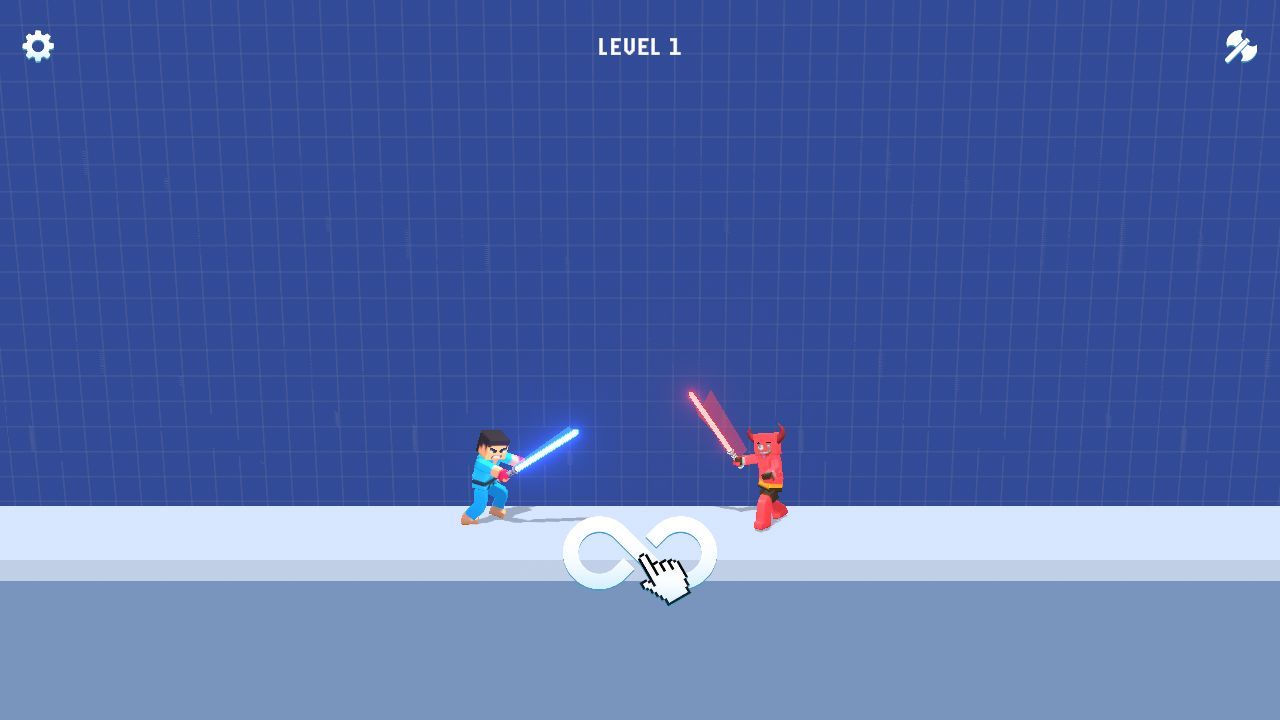3D Block Gladiator: Sword Draw, level 1: a blue and a red blocky gladiator with glowing swords face each other in an arena while a tutorial hand traces a looping path to draw