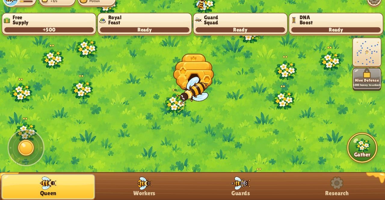 Bee Rise in a browser: the queen bee next to her hive in a flower meadow, with boost cards (Free Supply, Royal Feast, Guard Squad, DNA Boost) at the top, a joystick, a Gather button and Queen, Workers, Guards and Research tabs