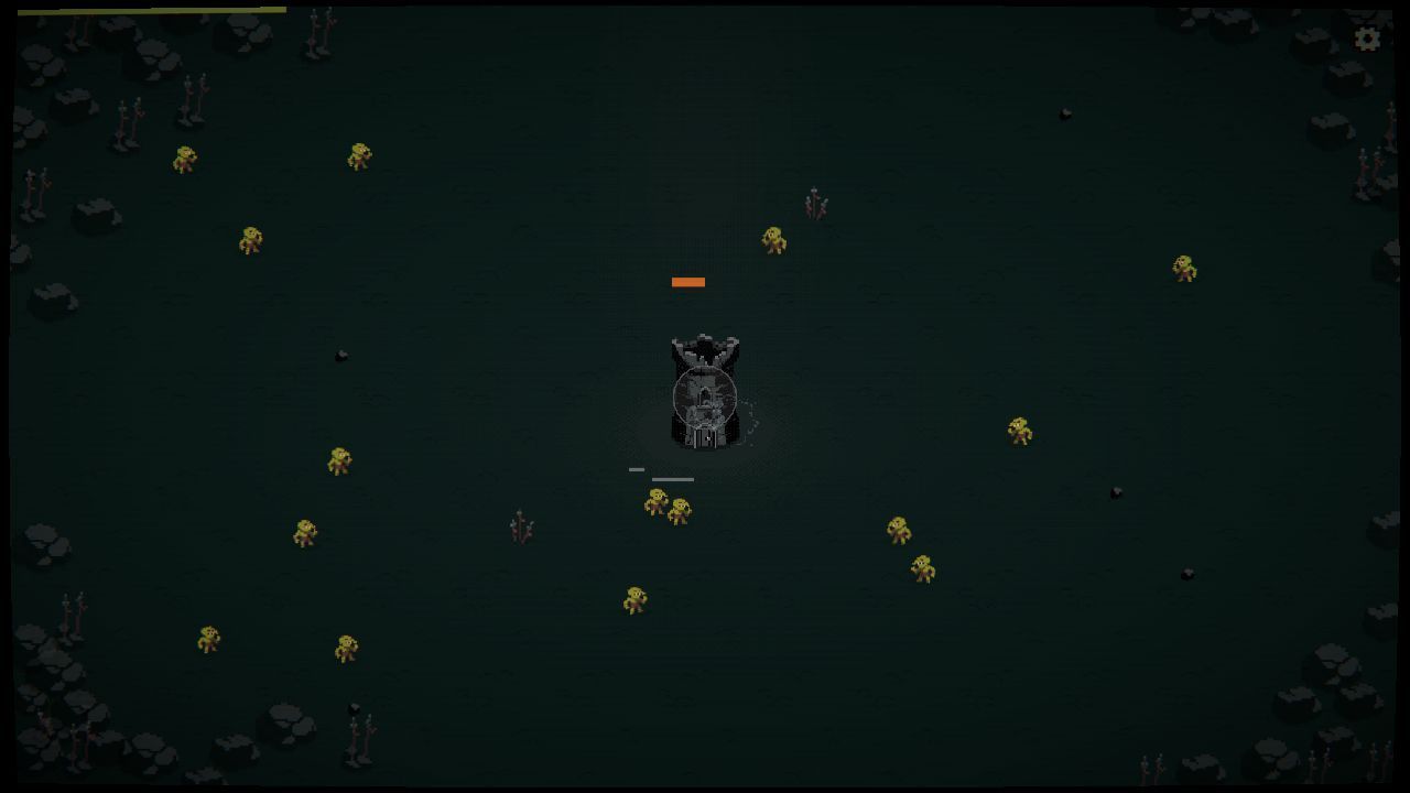 Booster Pack Heroes demo in a browser: a dark tower in the middle of a field with yellow monsters closing in
