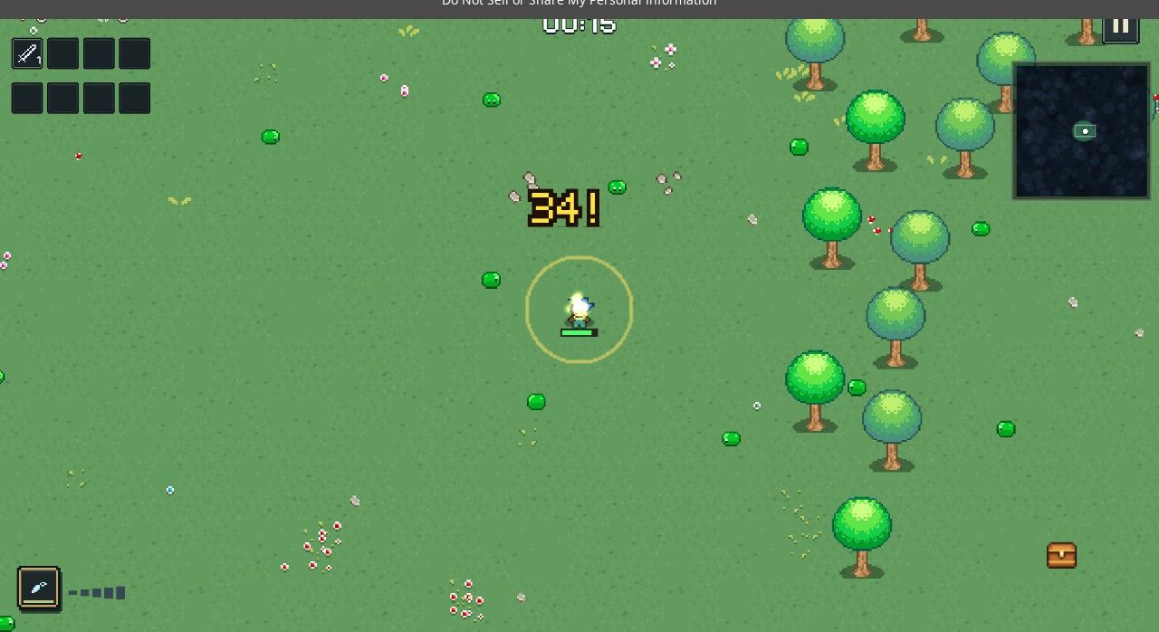 Dreamland Survivors in a browser: the pixel-art hero in a grassy meadow surrounded by small green slimes, a damage number above, a timer at the top, weapon slots top left and a minimap top right