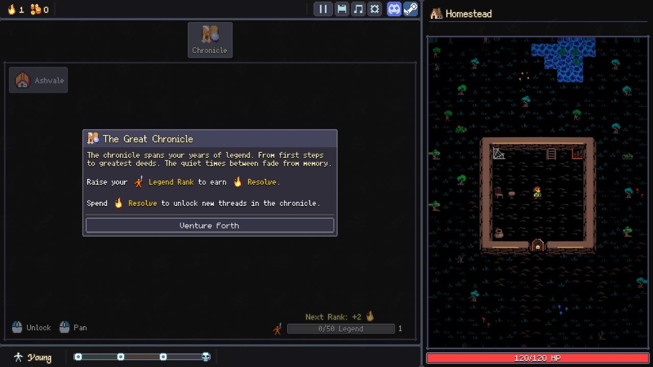 Legendum web demo at the start of a life: The Great Chronicle panel explaining Legend Rank and Resolve, a Venture Forth button, and a pixel-art homestead map on the right
