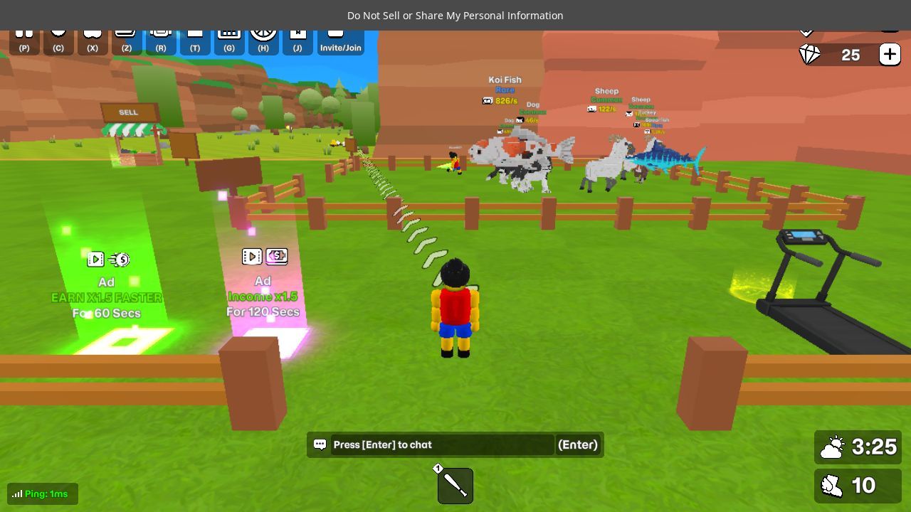 Steal Animal Eggs Online in a browser: a blocky player character at their base with a SELL stall, a treadmill, two Ad boost pads and animals such as a koi fish and sheep showing income per second